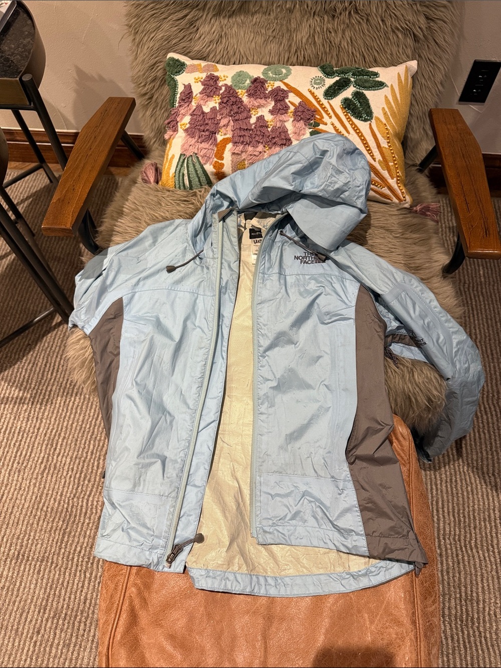 The North Face Men's Light Blue Hooded Raincoat with Gray Panels